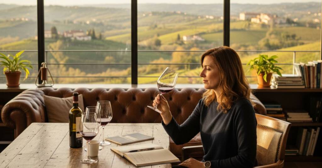 Cata de vino Barolo en el estudio ante paisaje del Piamonte