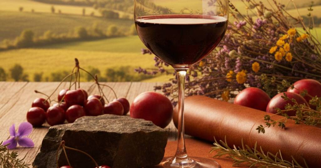 Copa de vino Barolo sobre una mesa en el campo