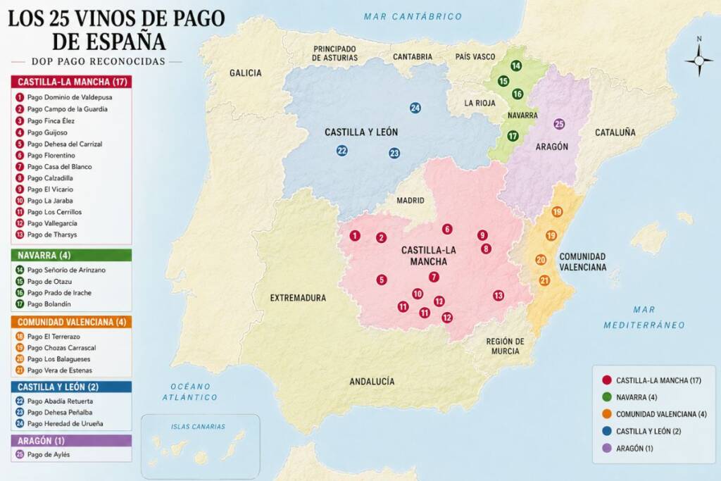 Mapa representativo de los 25 vinos de Pago de España