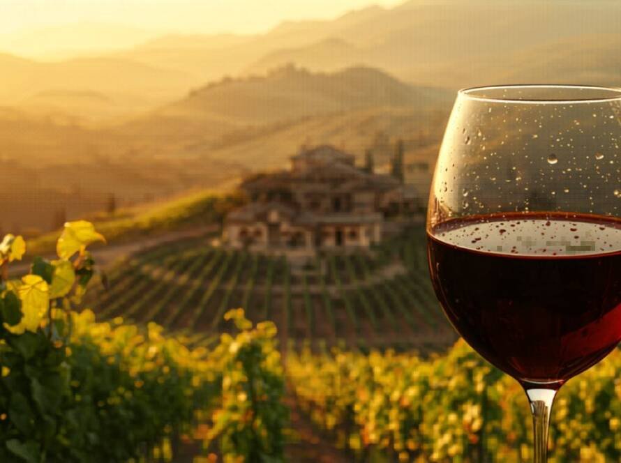 copa de vino tinto en primer plano sobre paisaje de fondo de un pago
