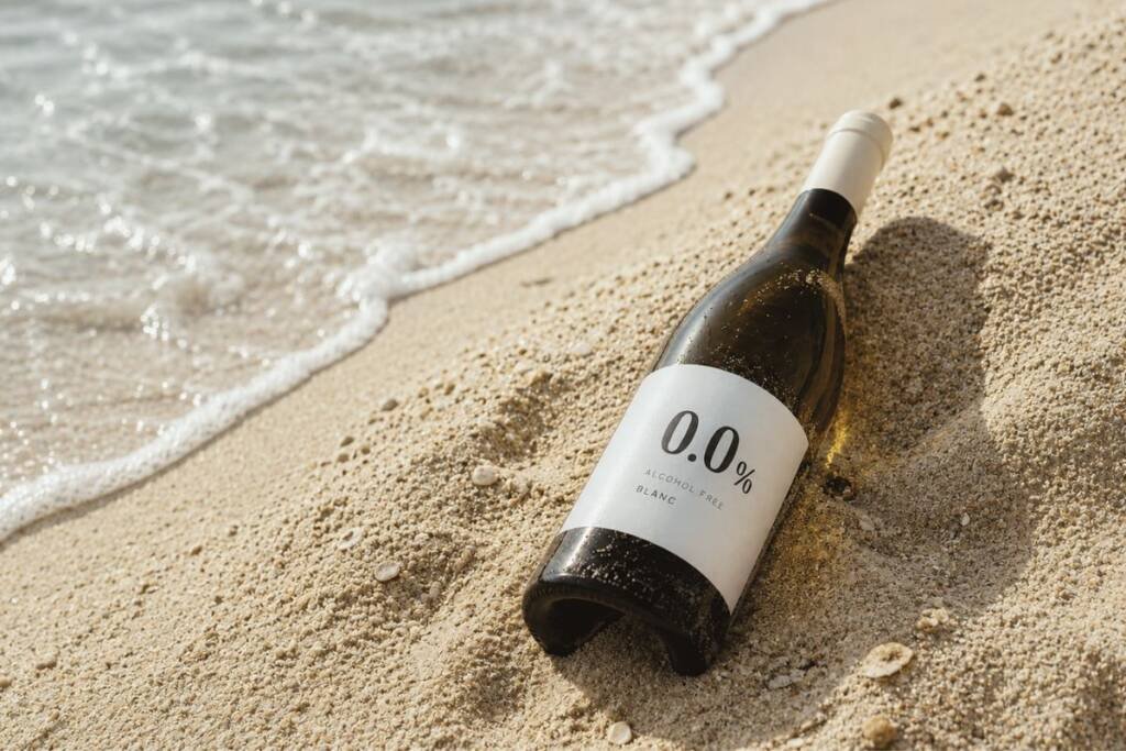 botella de vino blanco sin alcohol tumbada en la orilla de la playa
